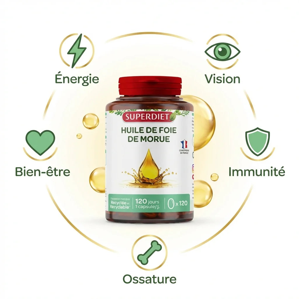 Superdiet Huile de Foie de Morue 120 capsules avec bénéfices santé : énergie, vision, immunité, ossature, bien-être