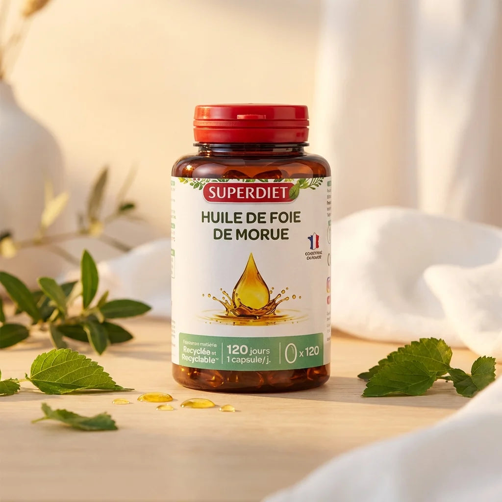 Flacon Superdiet Huile de Foie de Morue 120 capsules sur fond wellness avec feuilles vertes