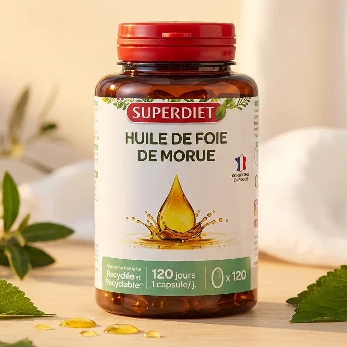 Flacon Superdiet Huile de Foie de Morue 120 capsules sur fond wellness avec feuilles vertes