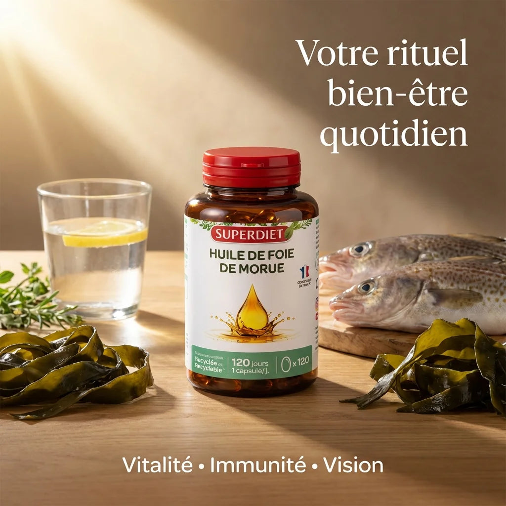 Huile de Foie de Morue Superdiet 120 capsules - Bouteille amber avec ingrédients naturels
