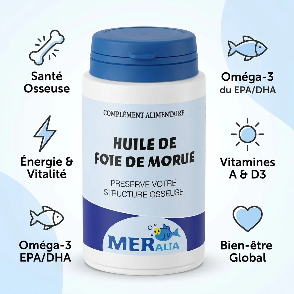 Bouteille Huile de Foie de Morue MERalia 90 capsules avec icônes bénéfices santé osseuse oméga-3 vitamines