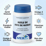 Bouteille Huile de Foie de Morue MERalia 90 capsules avec icônes bénéfices santé osseuse oméga-3 vitamines