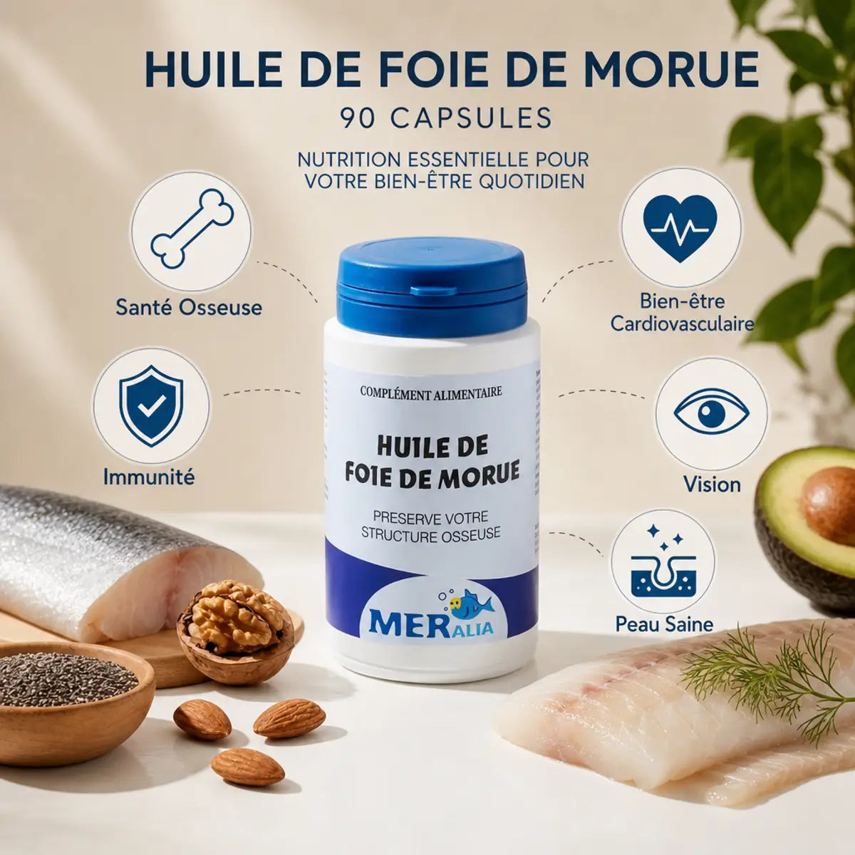 Huile de Foie de Morue MERalia 90 capsules avec bénéfices santé osseuse, immunité et cardiovasculaire