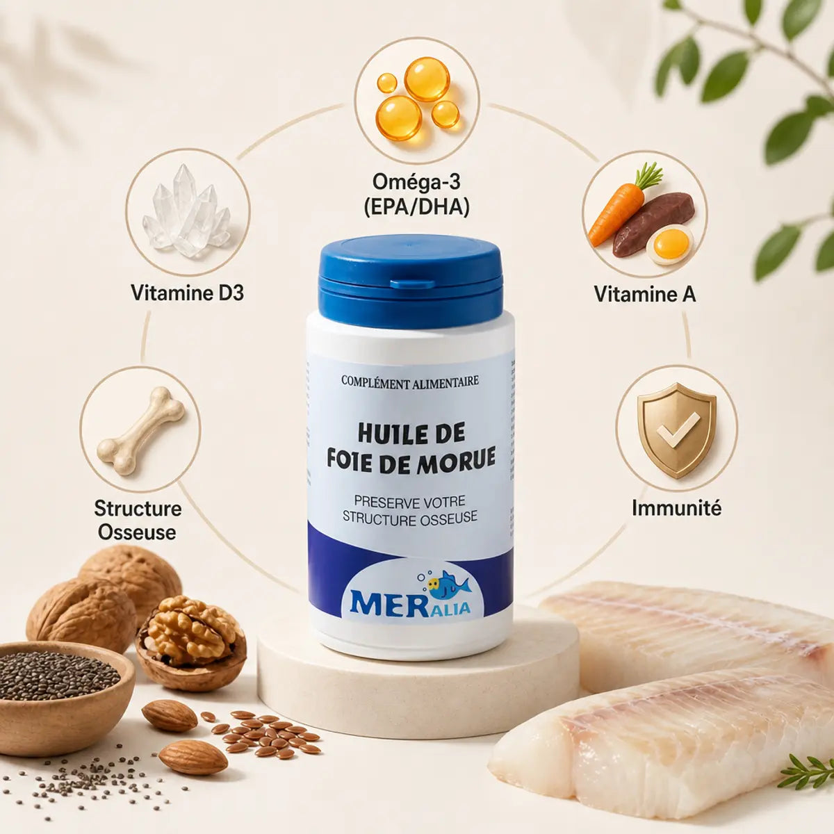 Flacon Huile de Foie de Morue MERalia avec ingrédients : Oméga-3, Vitamine D3 et A pour immunité