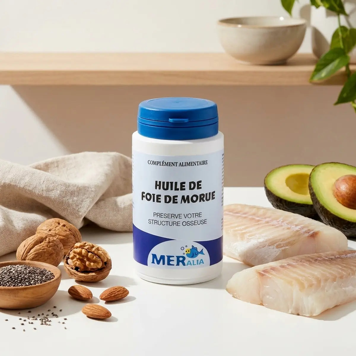 Huile de foie de morue MERalia 90 capsules avec aliments riches en oméga-3
