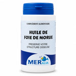 Bouteille MERalia Huile de Foie de Morue 90 capsules avec étiquette bleue sur fond blanc