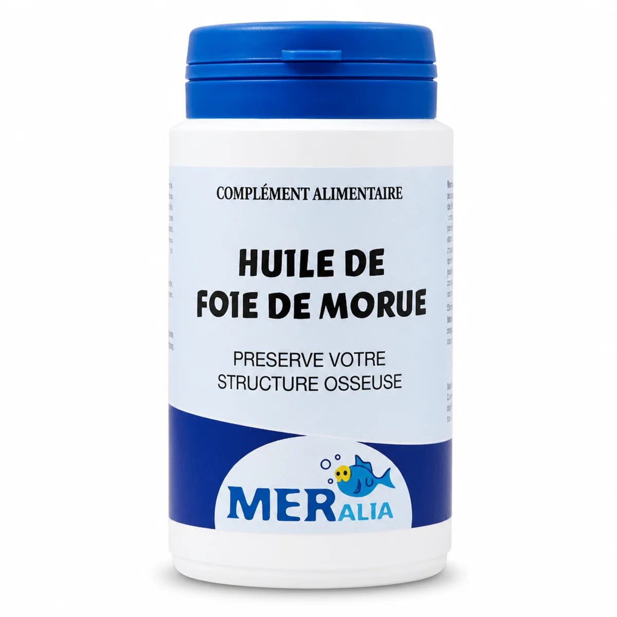 Bouteille MERalia Huile de Foie de Morue 90 capsules avec étiquette bleue sur fond blanc