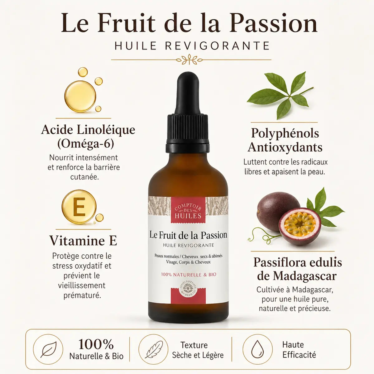 Huile de Fruit de la passion 50ml bio - Ingrédients actifs vitamine E et acides linoléiques