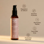 Huile de jojoba bio Najel 80ml avec icônes bénéfices : sébum, nutrition, absorption, sans gras