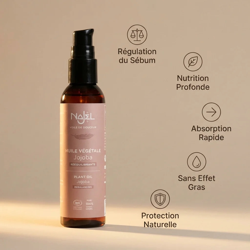 Huile de jojoba bio Najel 80ml avec icônes bénéfices : sébum, nutrition, absorption, sans gras