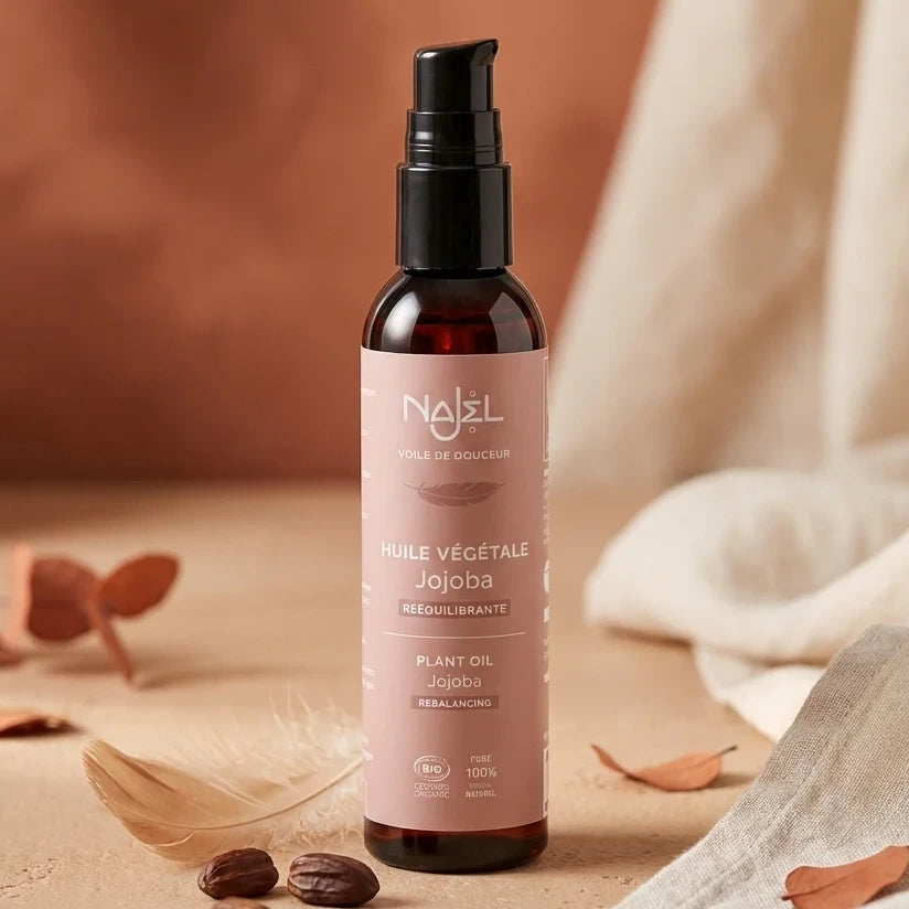 Huile de Jojoba bio Najel 80ml avec graines et éléments naturels sur fond beige