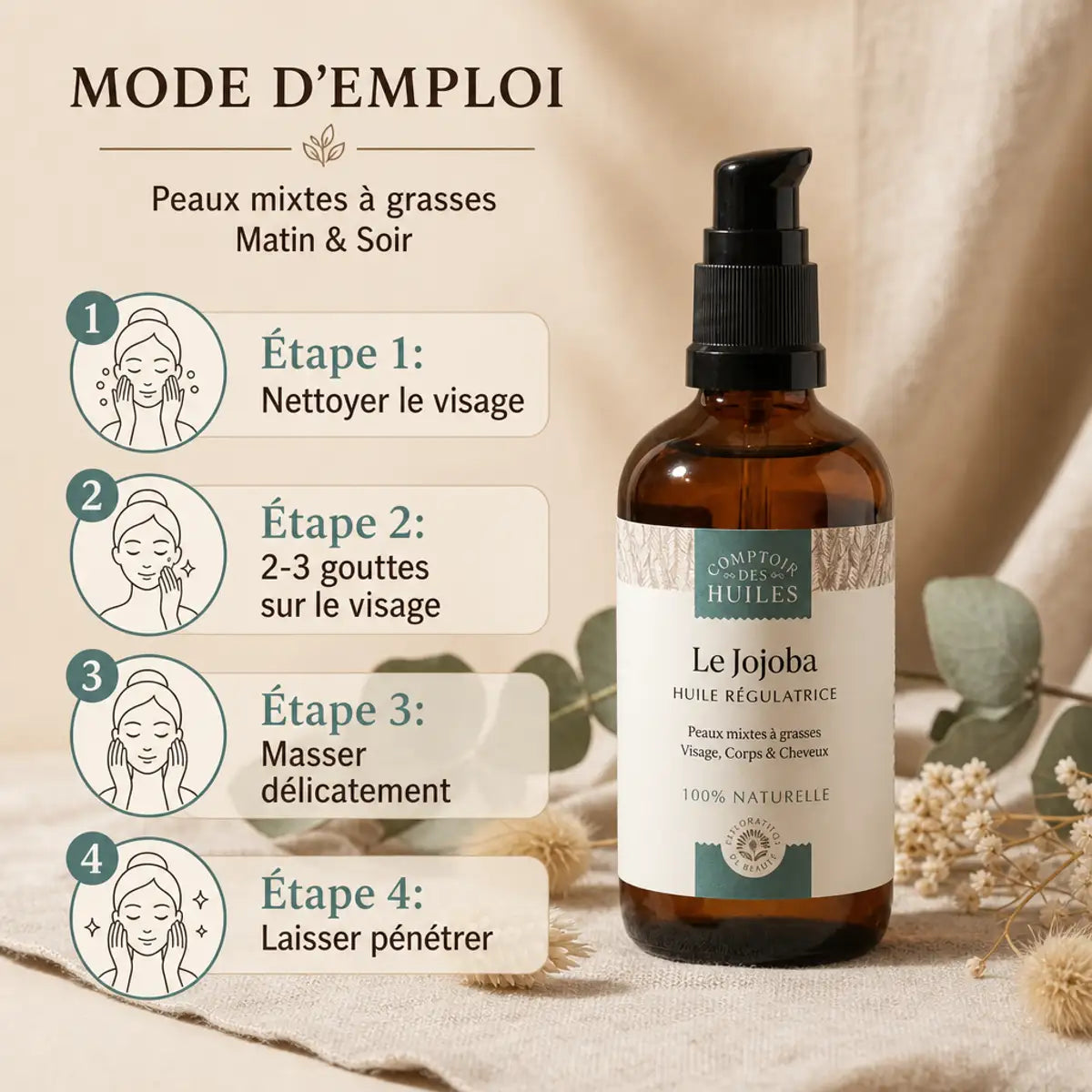 Huile de Jojoba 100ml Comptoir des Huiles - Guide d'utilisation pour peaux grasses et mixtes