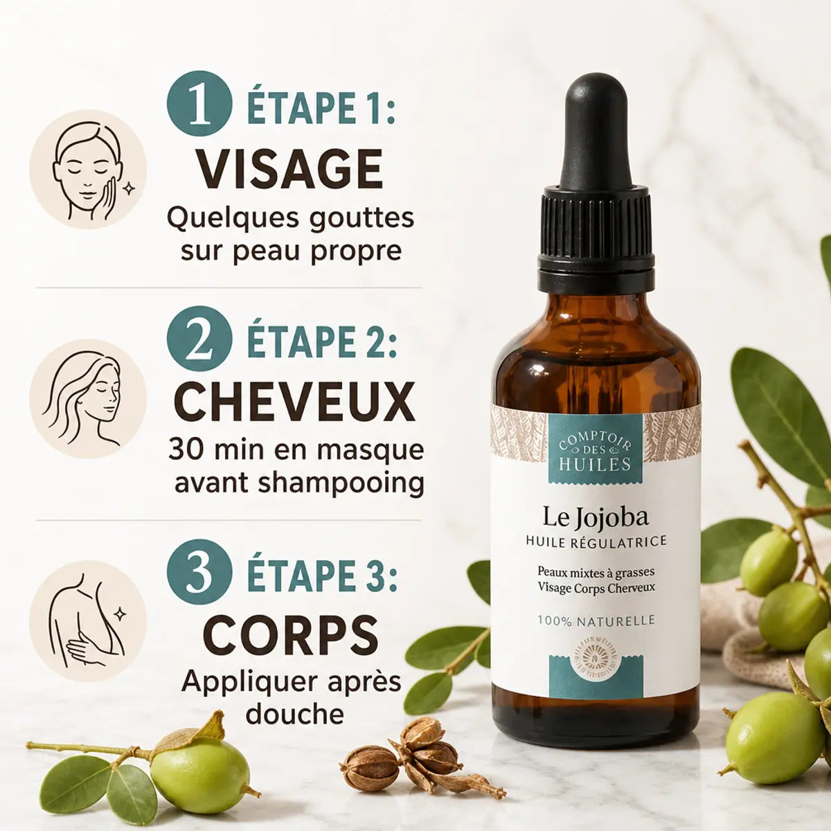 Huile de Jojoba 50ml Comptoir des Huiles - Guide utilisation visage cheveux corps