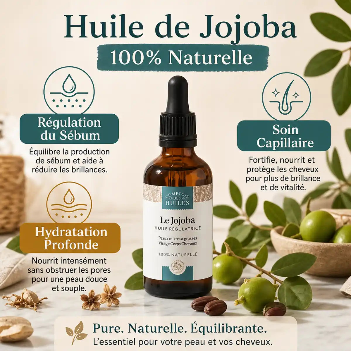 Huile de Jojoba 100% naturelle régulant le sébum, flacon 50ml Comptoir des Huiles avec baies et feuilles