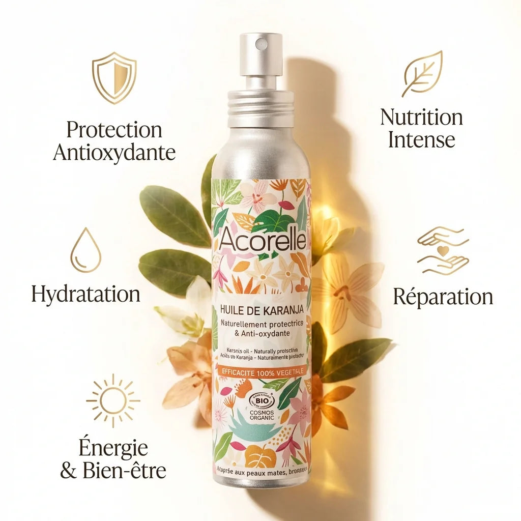 Huile de Karanja bio Acorelle 100ml avec icônes bénéfices antioxydants et nutrition intense