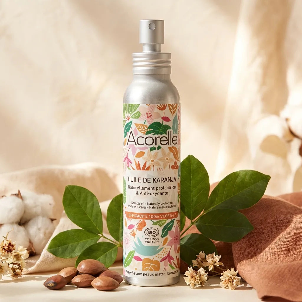 Huile de Karanja bio Acorelle 100ml avec ingrédients naturels et feuilles vertes