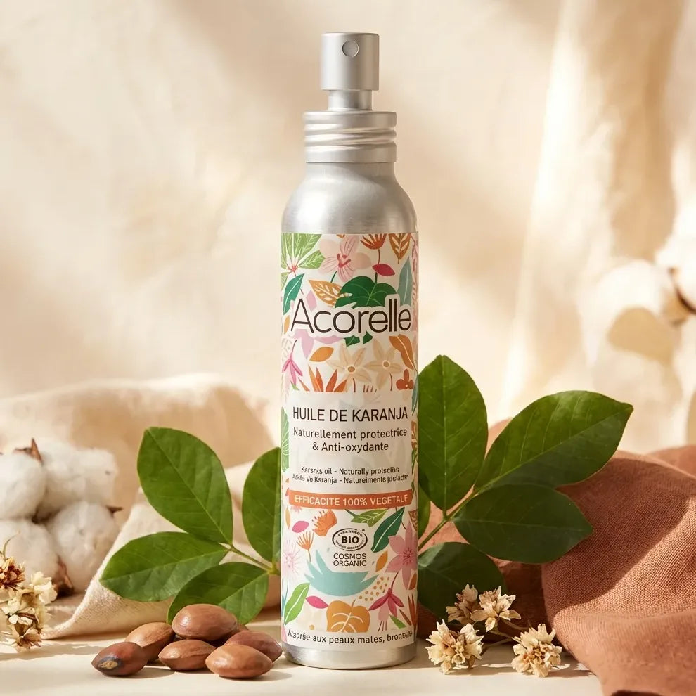 Huile de Karanja bio Acorelle 100ml avec ingrédients naturels et feuilles vertes