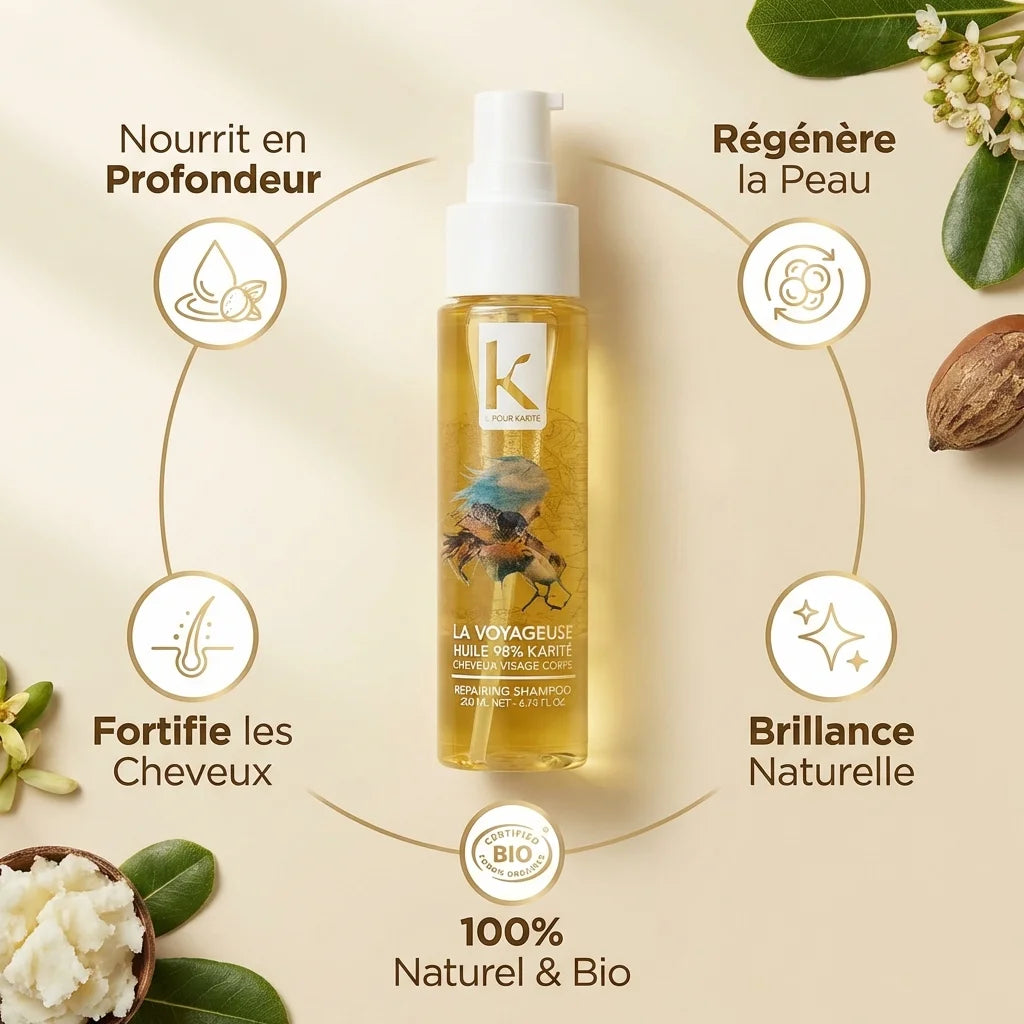 Huile de Karité La Voyageuse 50ml avec ses 5 bénéfices : nutrition, régénération, fortification cheveux et brillance naturelle