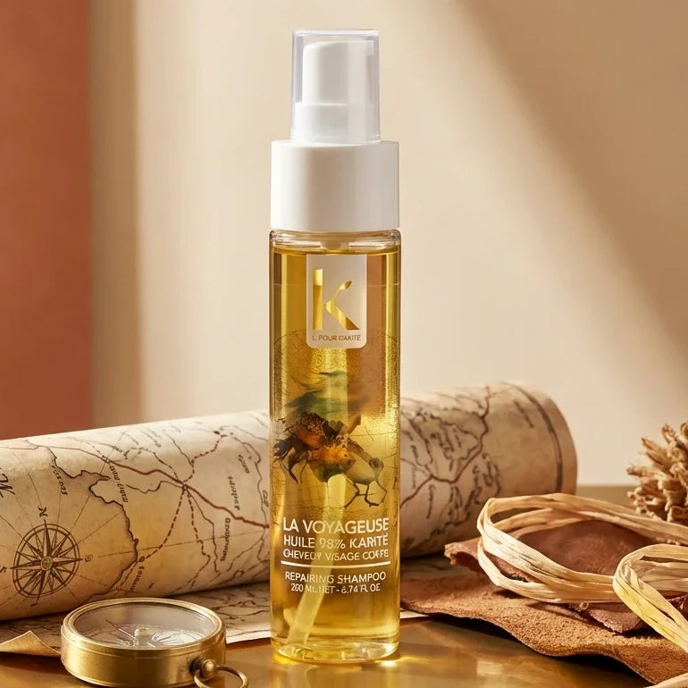 Huile de karité K pour Karité 50ml sur fond doré avec éléments de voyage