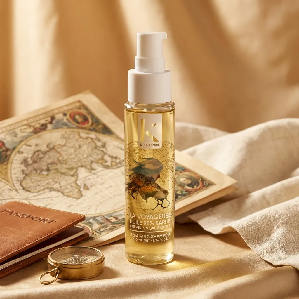 Huile de Karité K pour Karité 50ml sur fond voyage avec carte du monde et passeport
