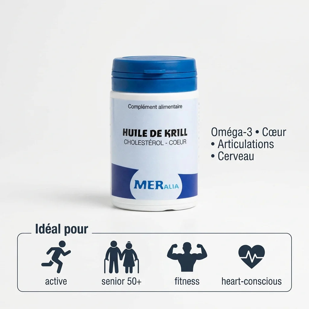 Huile de Krill Meralia 30 capsules Oméga-3 pour cœur, articulations et cerveau - bouteille bleue