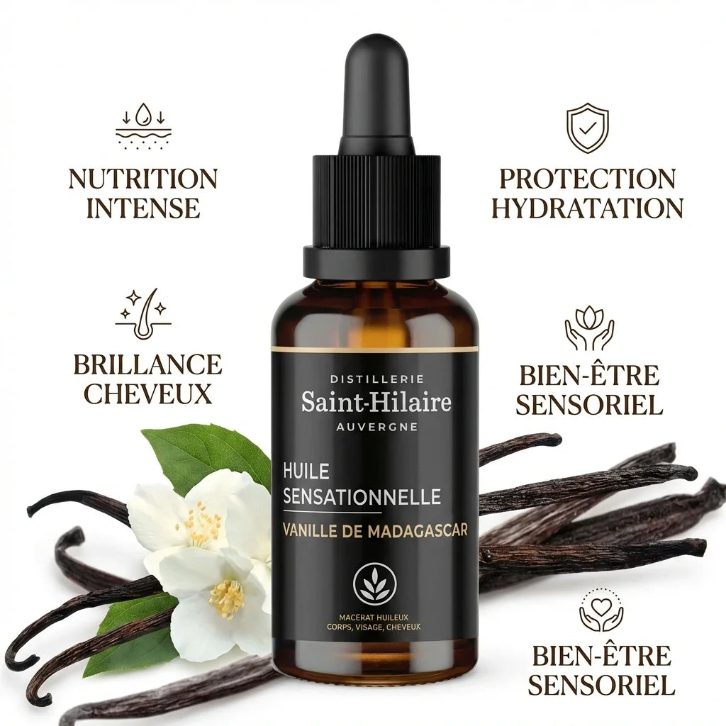 Huile de Macération Vanille Bio Saint Hilaire 30ml avec gousses de vanille et bénéfices beauté