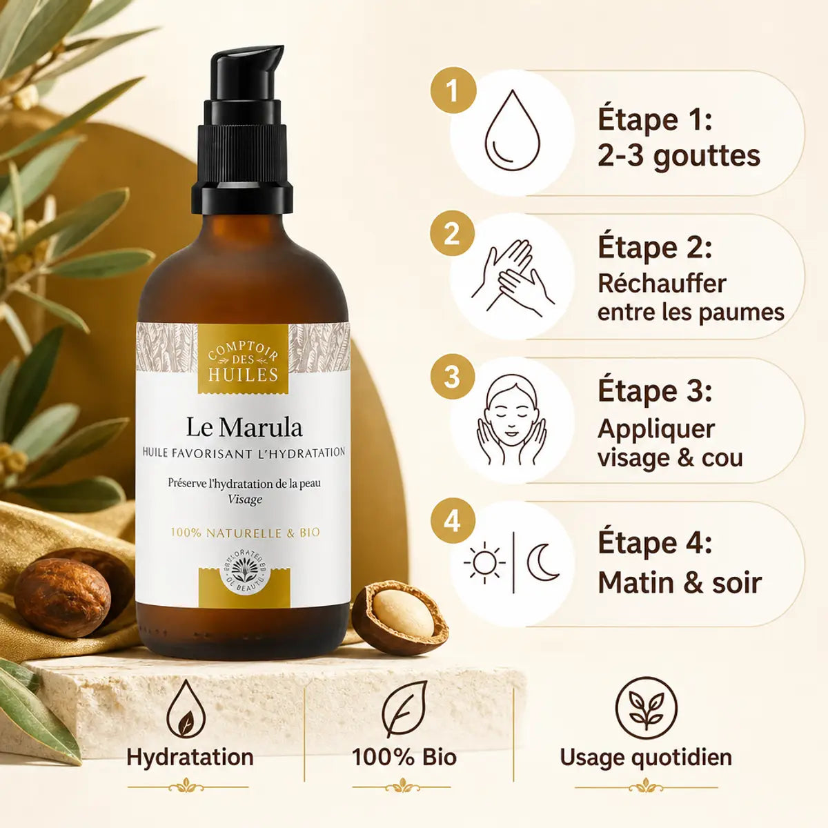 Huile de Marula Bio 100ml - Flacon pompe avec guide d'utilisation et bienfaits hydratants