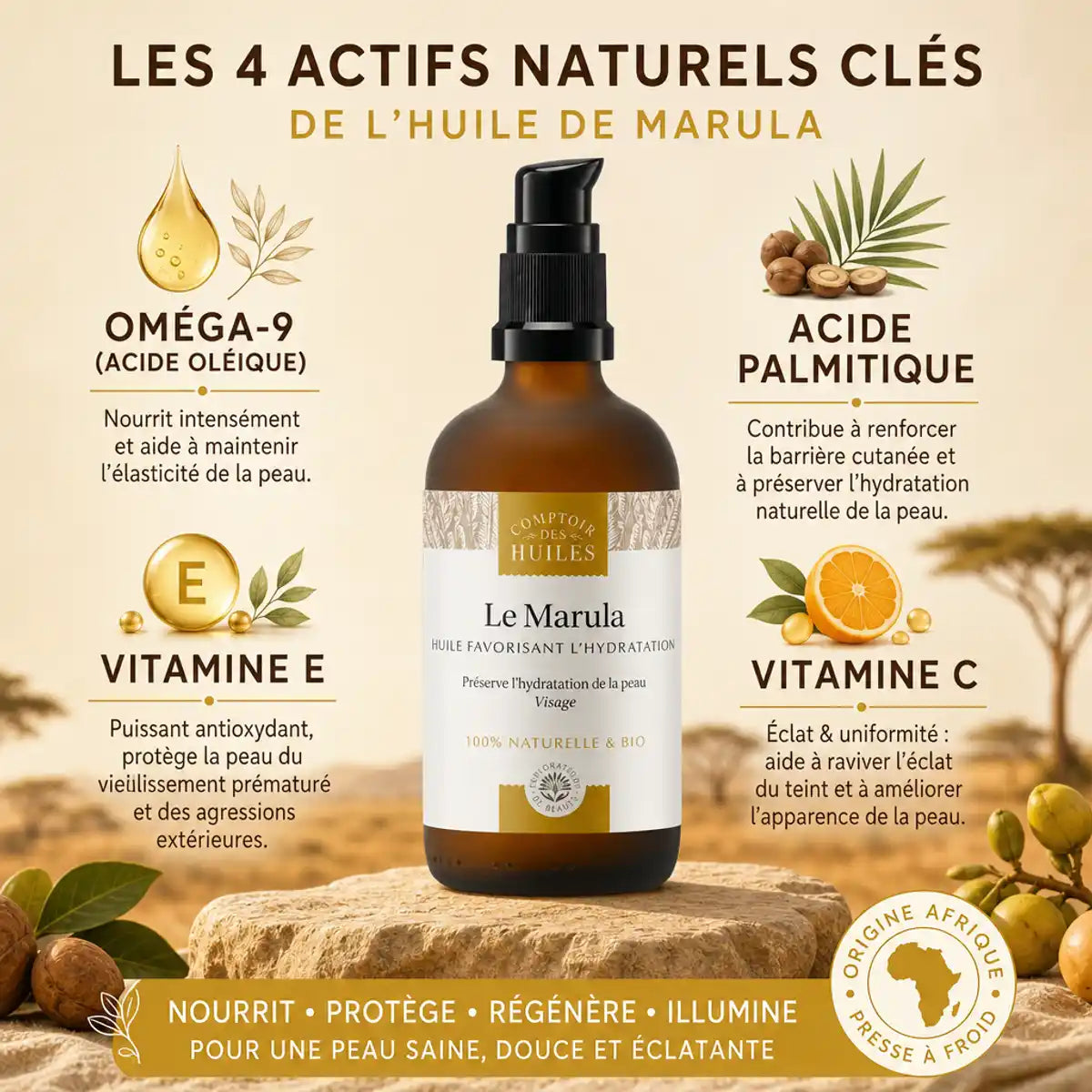 Flacon pompe huile de Marula bio 100ml Comptoir des Huiles avec ingrédients actifs