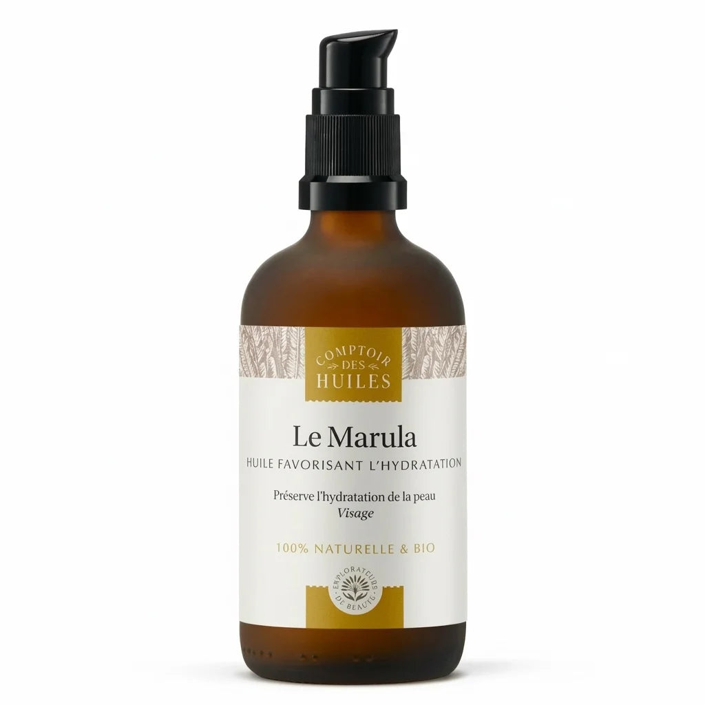 Flacon 100ml Huile de Marula Bio Comptoir des Huiles avec pompe noire sur fond blanc