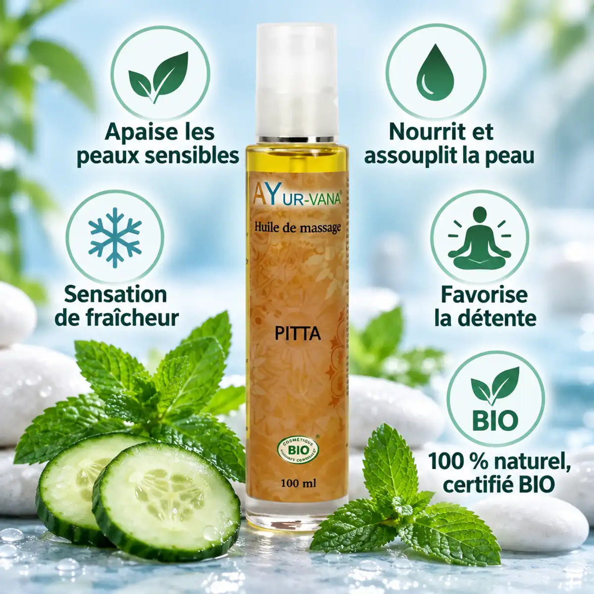 Huile de massage bio Pitta Ayur-Vana 100 ml, flacon blanc à pompe, entourée de bénéfices : peaux sensibles, fraîcheur et détente