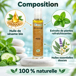 Huile de massage bio Pitta Ayur-Vana 100 ml : flacon avec pompe, étiquette dorée, sur fond aqua, avec sésame bio et plantes rafraîchissantes