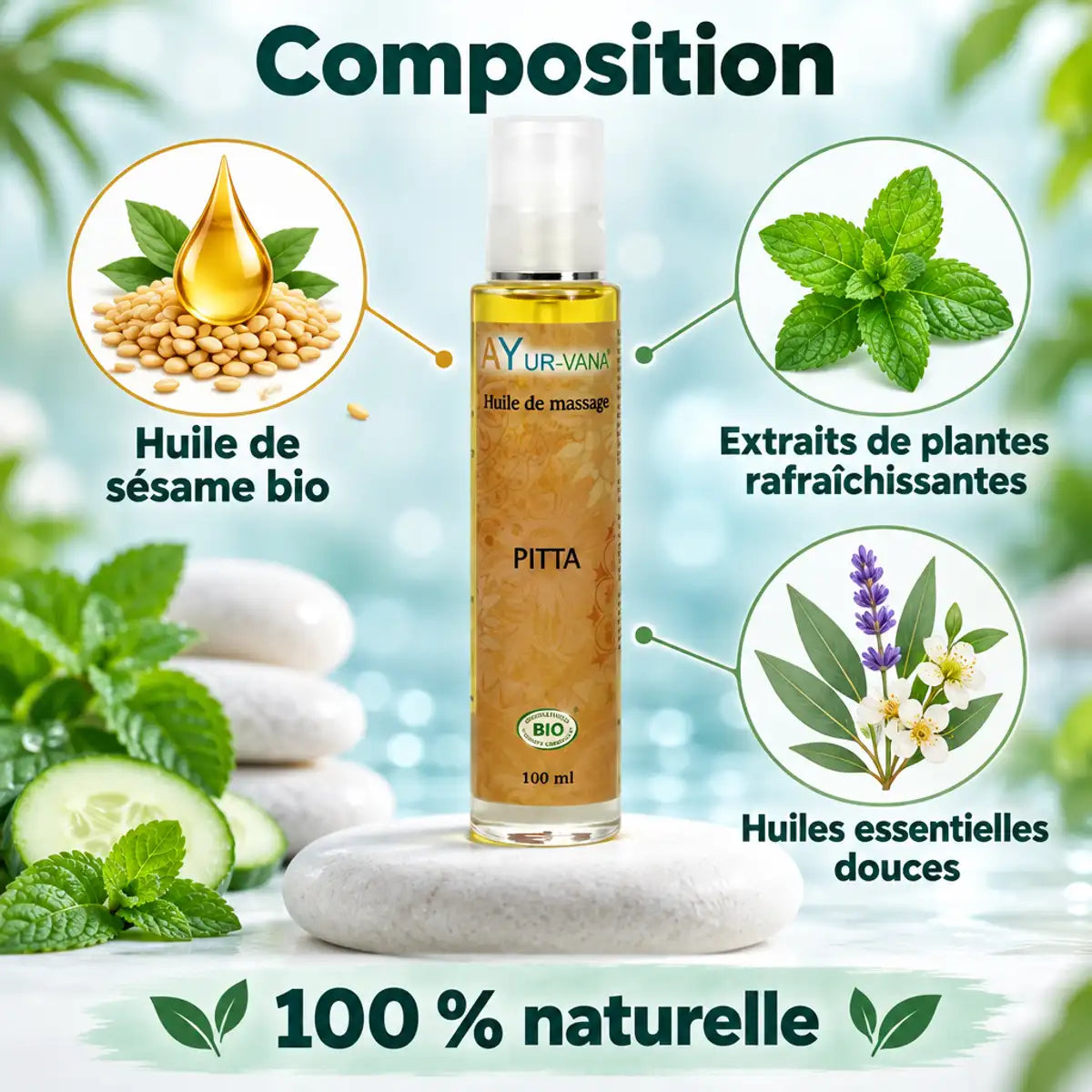 Huile de massage bio Pitta Ayur-Vana 100 ml : flacon avec pompe, étiquette dorée, sur fond aqua, avec sésame bio et plantes rafraîchissantes