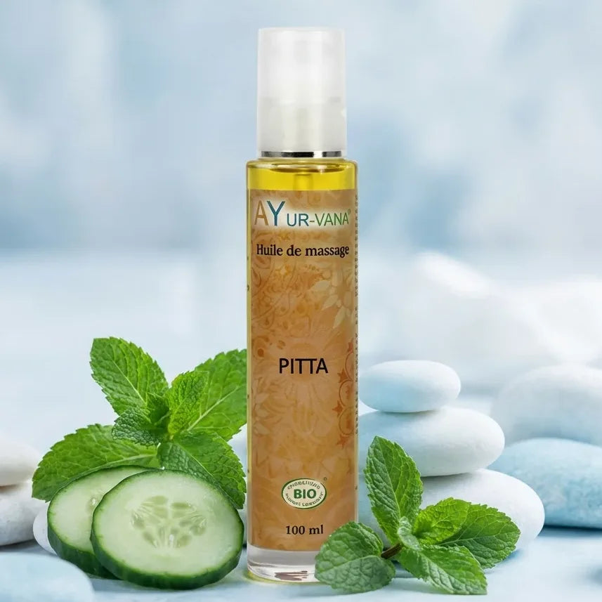 Huile de massage bio Pitta Ayur-Vana 100ml avec menthe, concombre et pierres zen