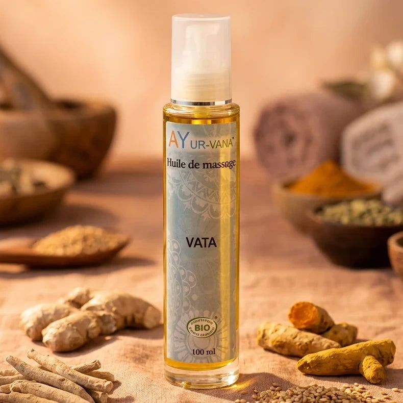 Huile de Massage Bio Vata Ayur-Vana 100ml sur lin avec herbes et graines de sésame