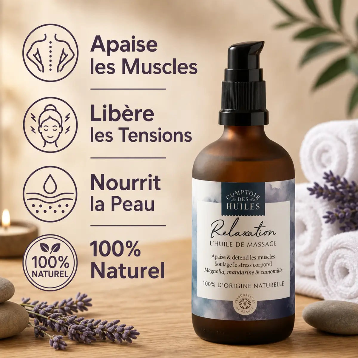 Huile de massage relaxation bio 100ml Comptoir des Huiles en flacon ambré avec bénéfices naturels