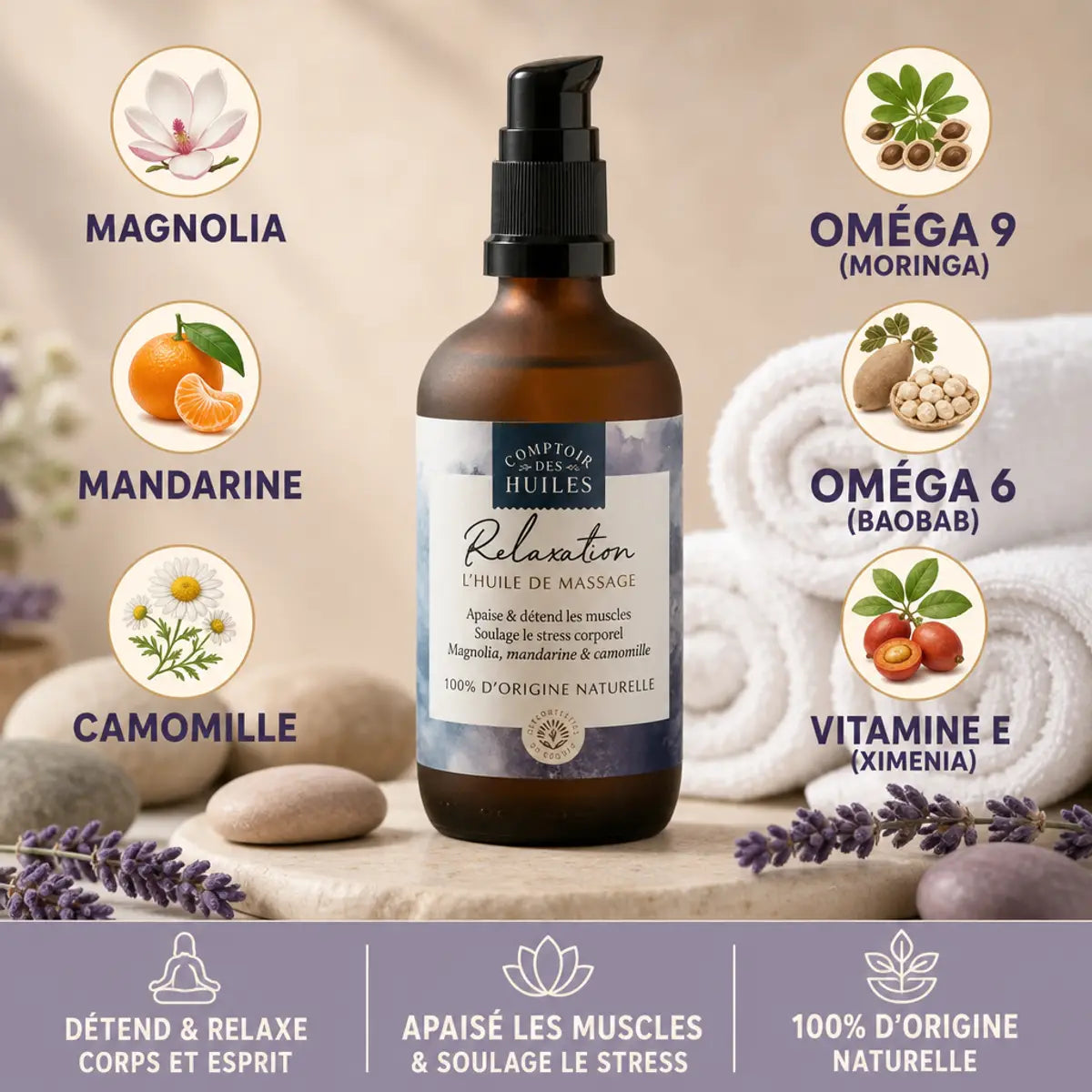Huile de massage relaxation bio Comptoir des Huiles 100ml avec ingrédients naturels magnolia mandarine camomille