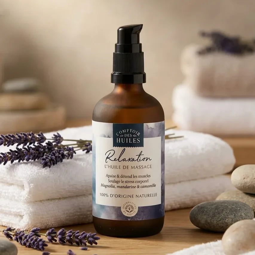 Huile de massage relaxation bio Comptoir des Huiles en flacon 100ml avec accessoires spa