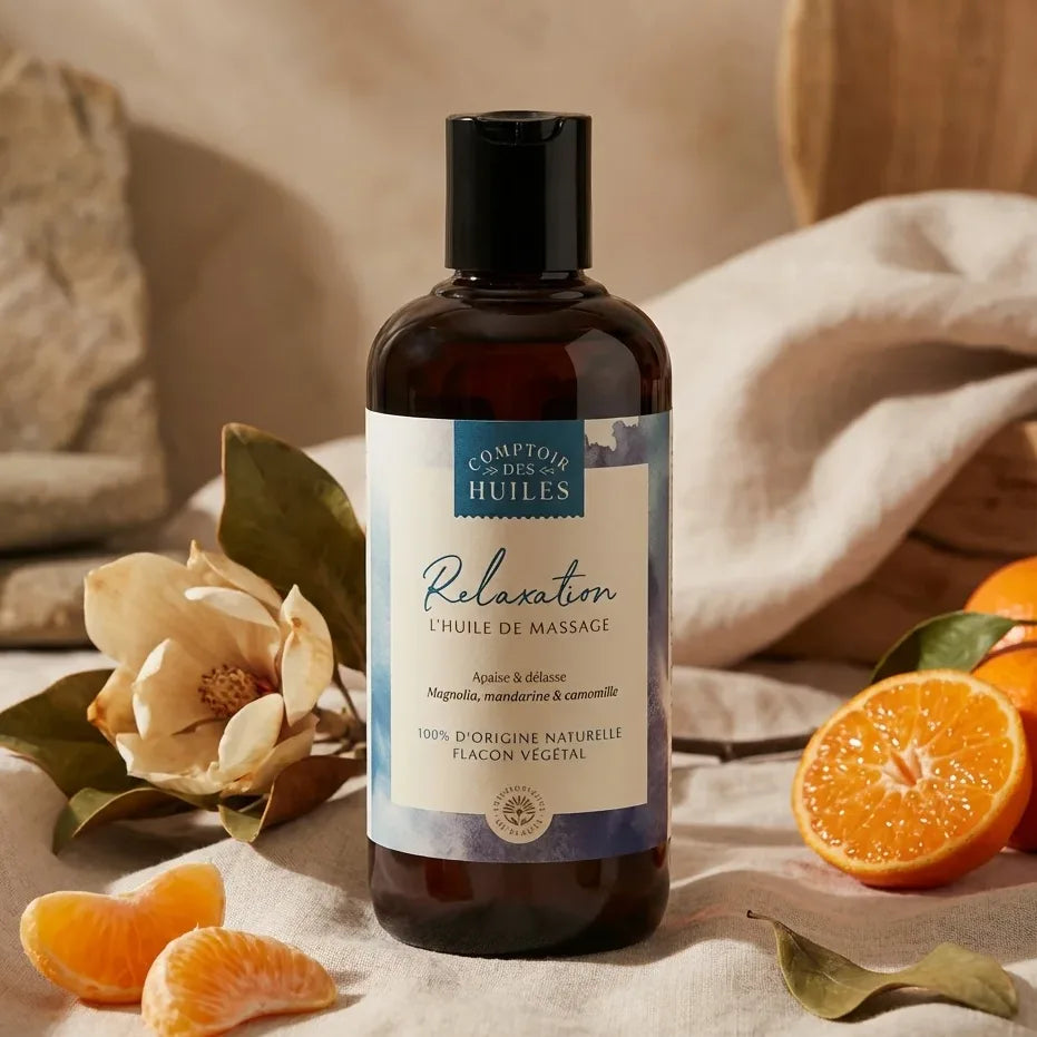Huile de massage relaxation bio 250ml Comptoir des Huiles en flacon verre ambiance spa