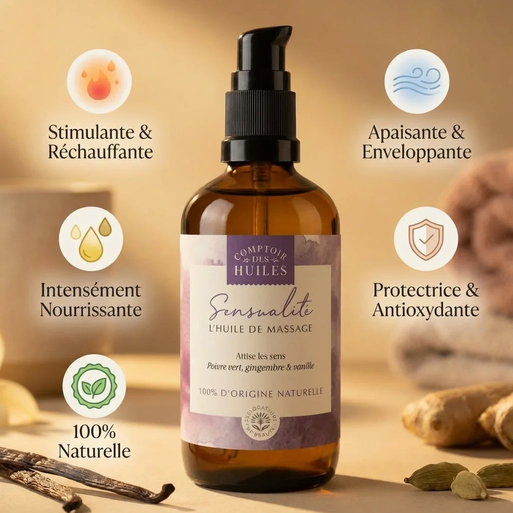 Huile de Massage Sensualité Bio 100ml avec icônes bénéfices naturels et nourrissants