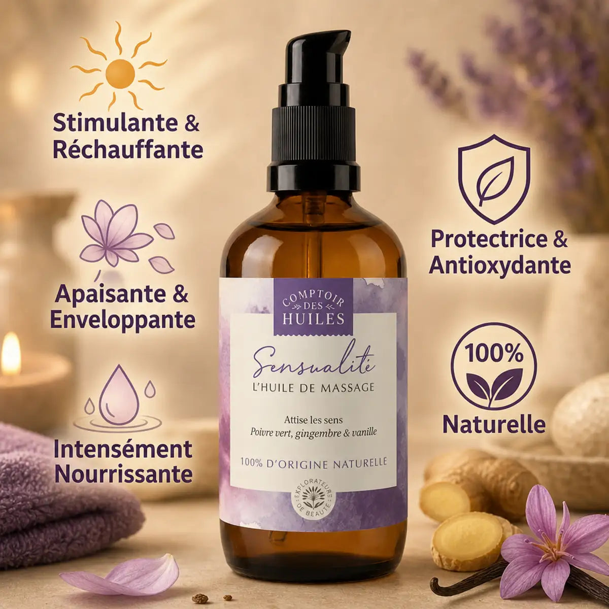 Huile de massage Sensualité bio 100ml Comptoir des Huiles avec flacon ambré et bénéfices naturels