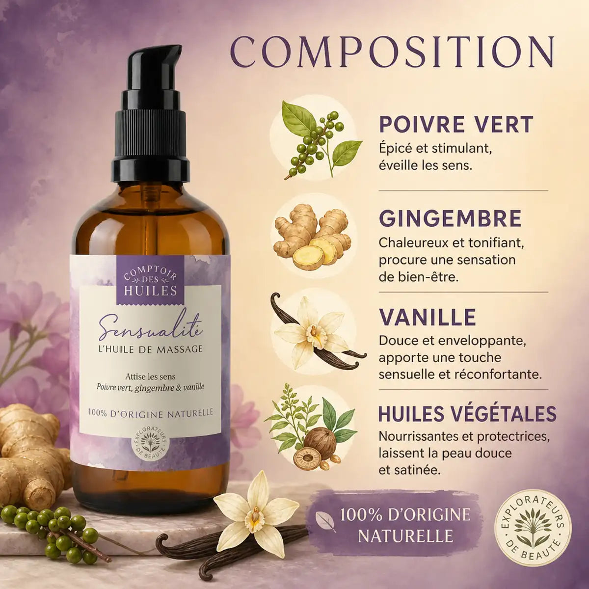Huile de massage Sensualité Bio 100ml Comptoir des Huiles avec ingrédients naturels poivre gingembre vanille