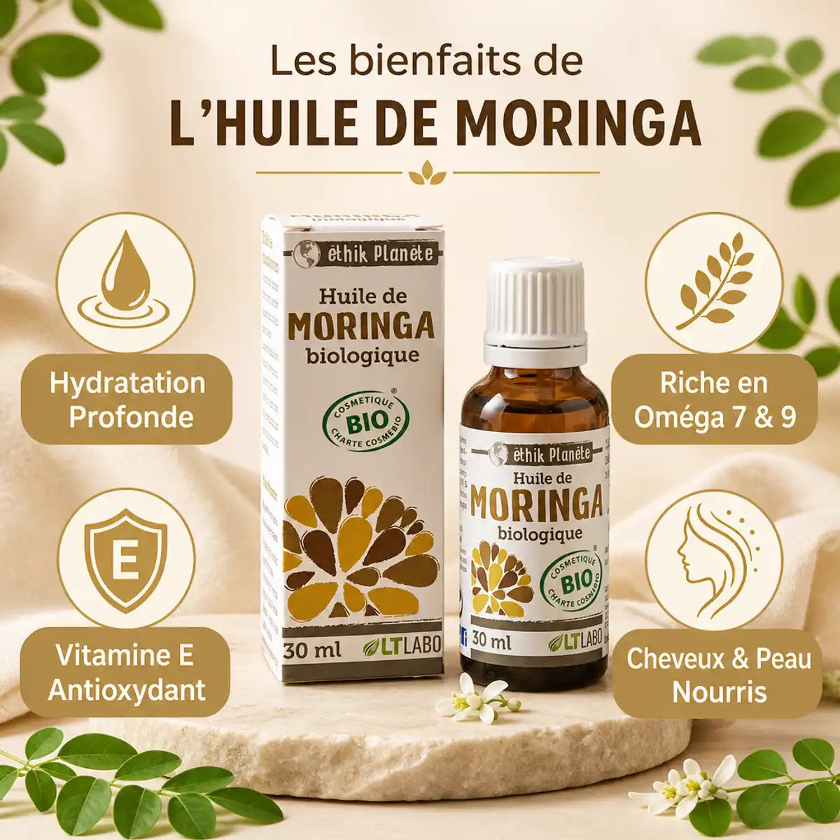 Huile de Moringa bio 30ml LT Labo - Hydratation, Oméga 7-9, Vitamine E pour cheveux et peau