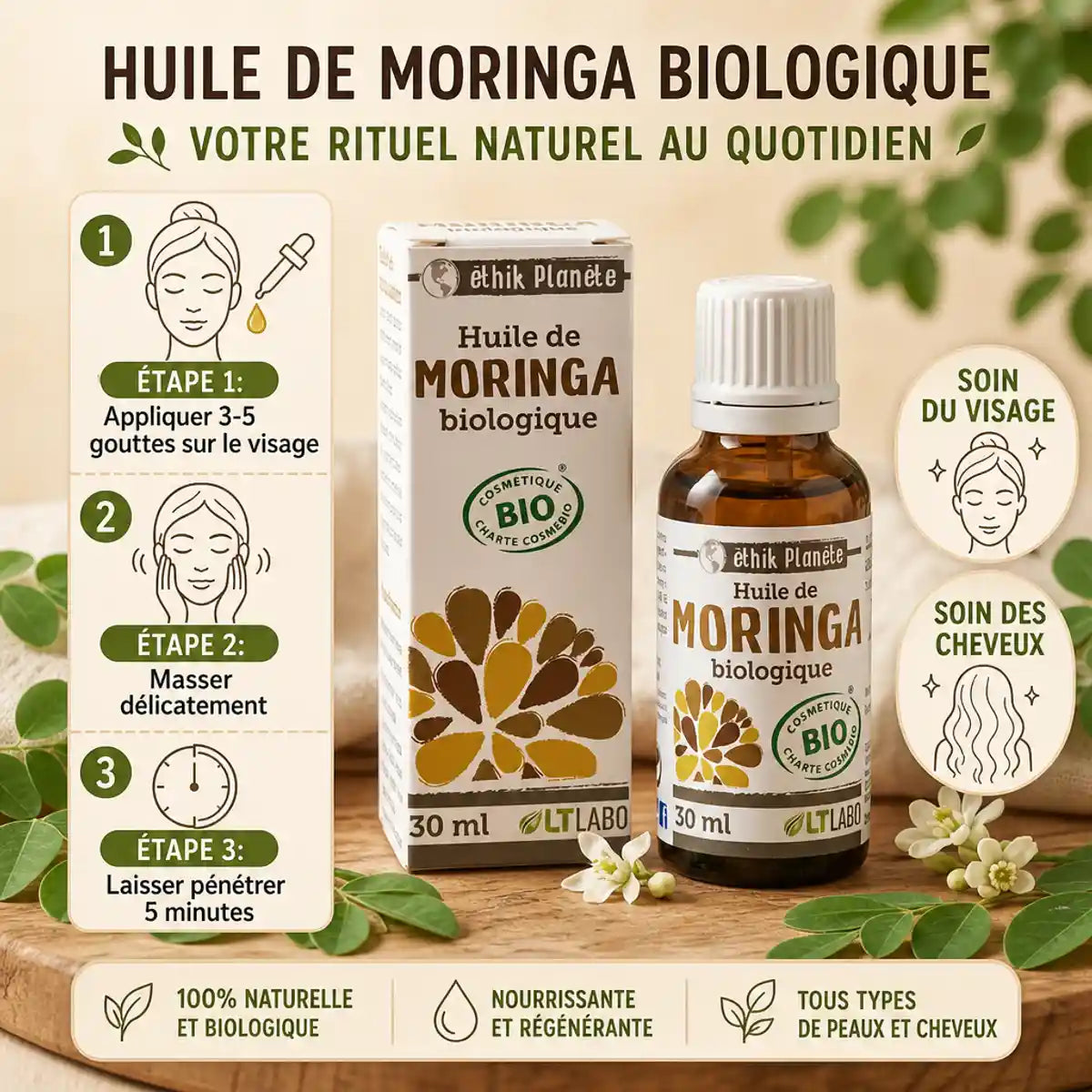 Huile de Moringa bio 30ml LT Labo avec guide d'application sur feuilles fraîches