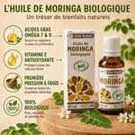 Huile de Moringa bio 30ml LT Labo avec feuilles et bénéfices nutritionnels affichés