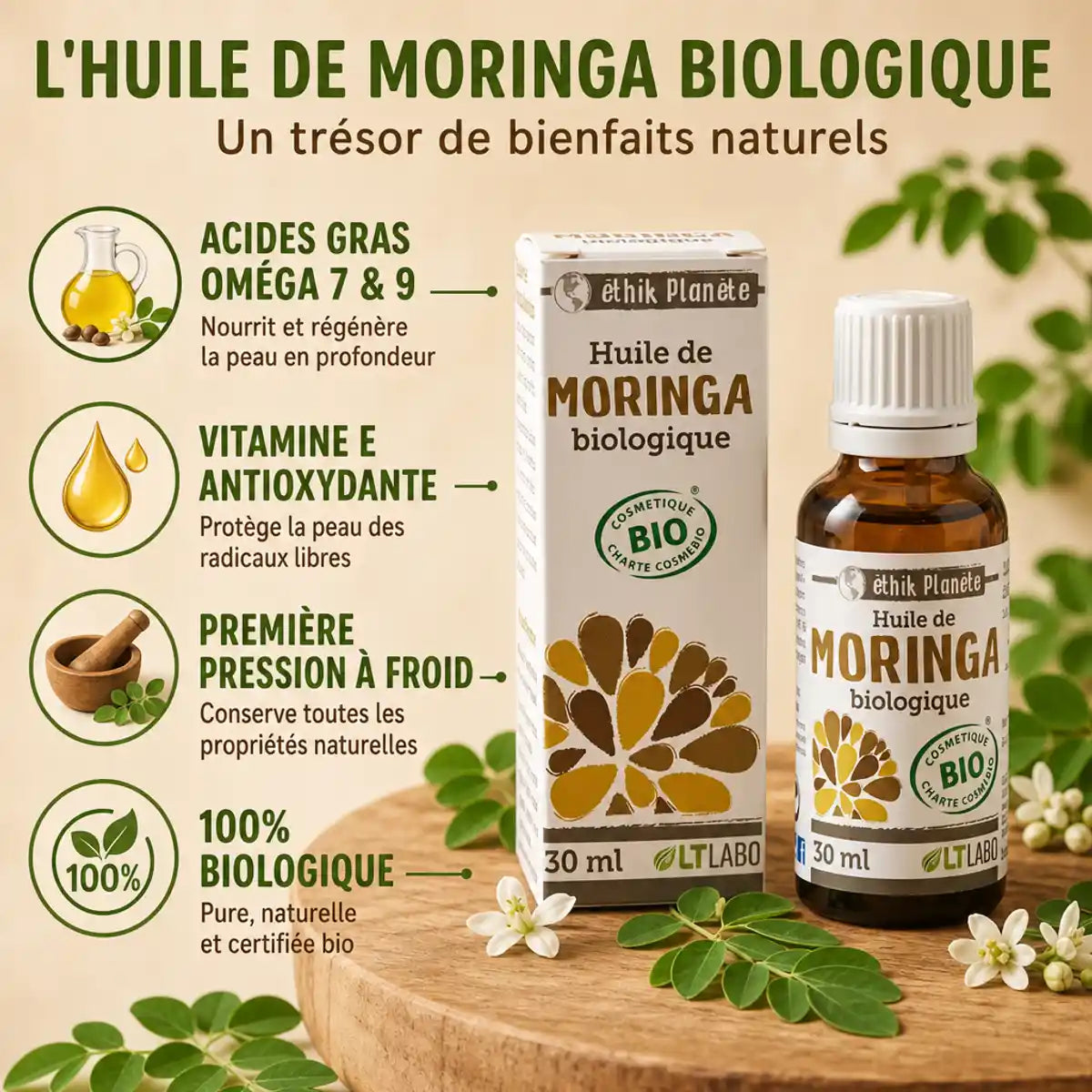 Huile de Moringa bio 30ml LT Labo avec feuilles et bénéfices nutritionnels affichés