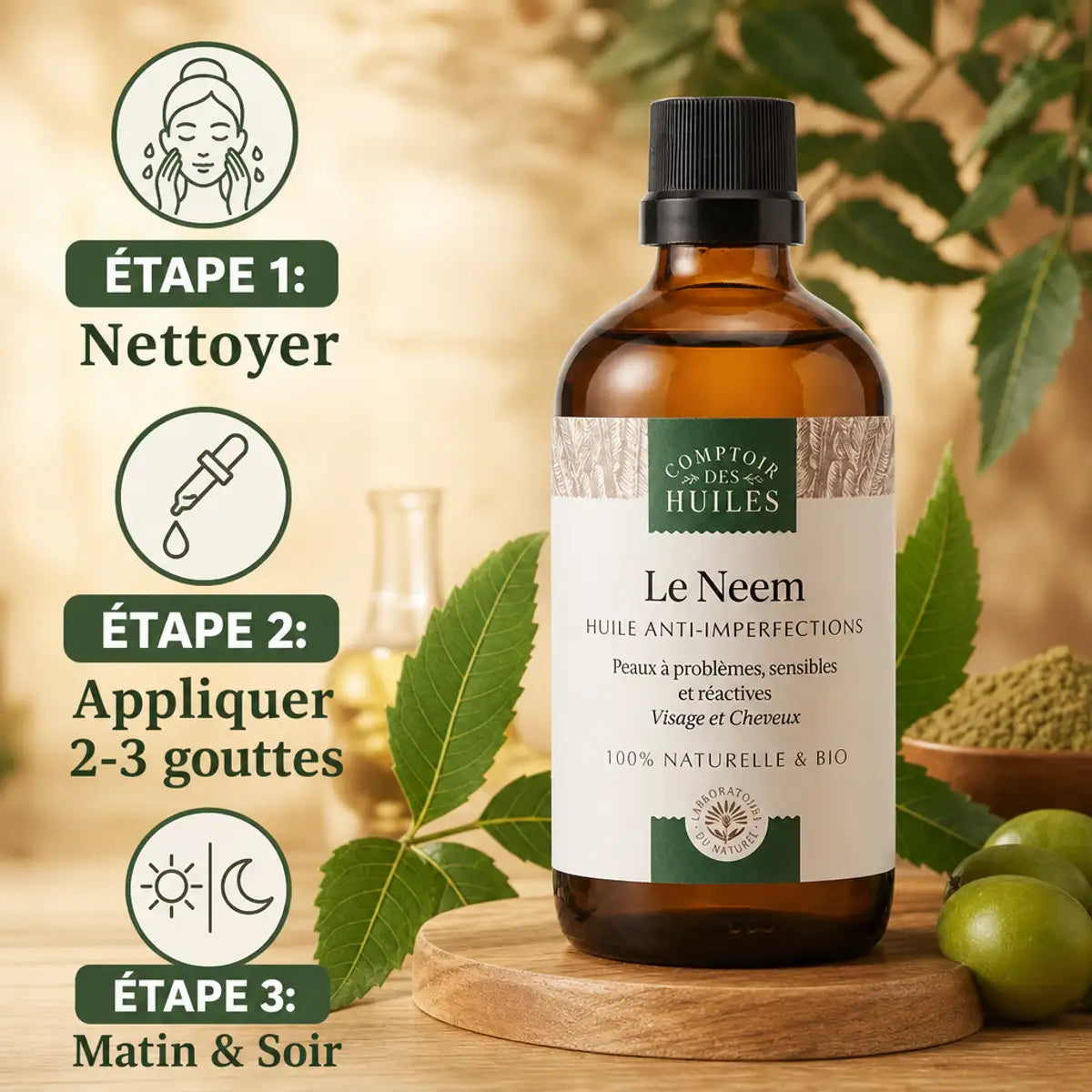 Huile de Neem Bio 100ml Comptoir des Huiles avec instructions d'application contre les imperfections