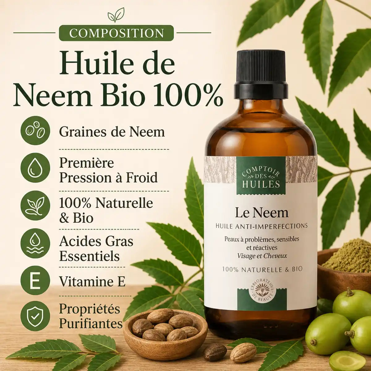 Huile de Neem Bio 100ml - Flacon ambre avec feuilles de neem, composition naturelle et purifiante