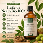 Huile de Neem Bio 100ml - Flacon ambre avec feuilles de neem, composition naturelle et purifiante