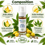 Flacon d'huile de Neem Bio AyurVana 30 ml entouré de feuilles et fruits de neem, avec infographie sur sa composition : acides oléique, linoléique, palmitique et triterpènes.