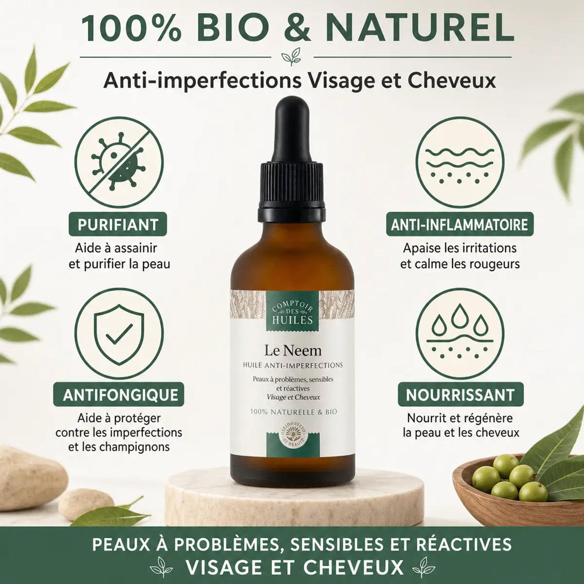 Huile de Neem BIO 50ml anti-imperfections visage cheveux avec bénéfices purifiant antifongique